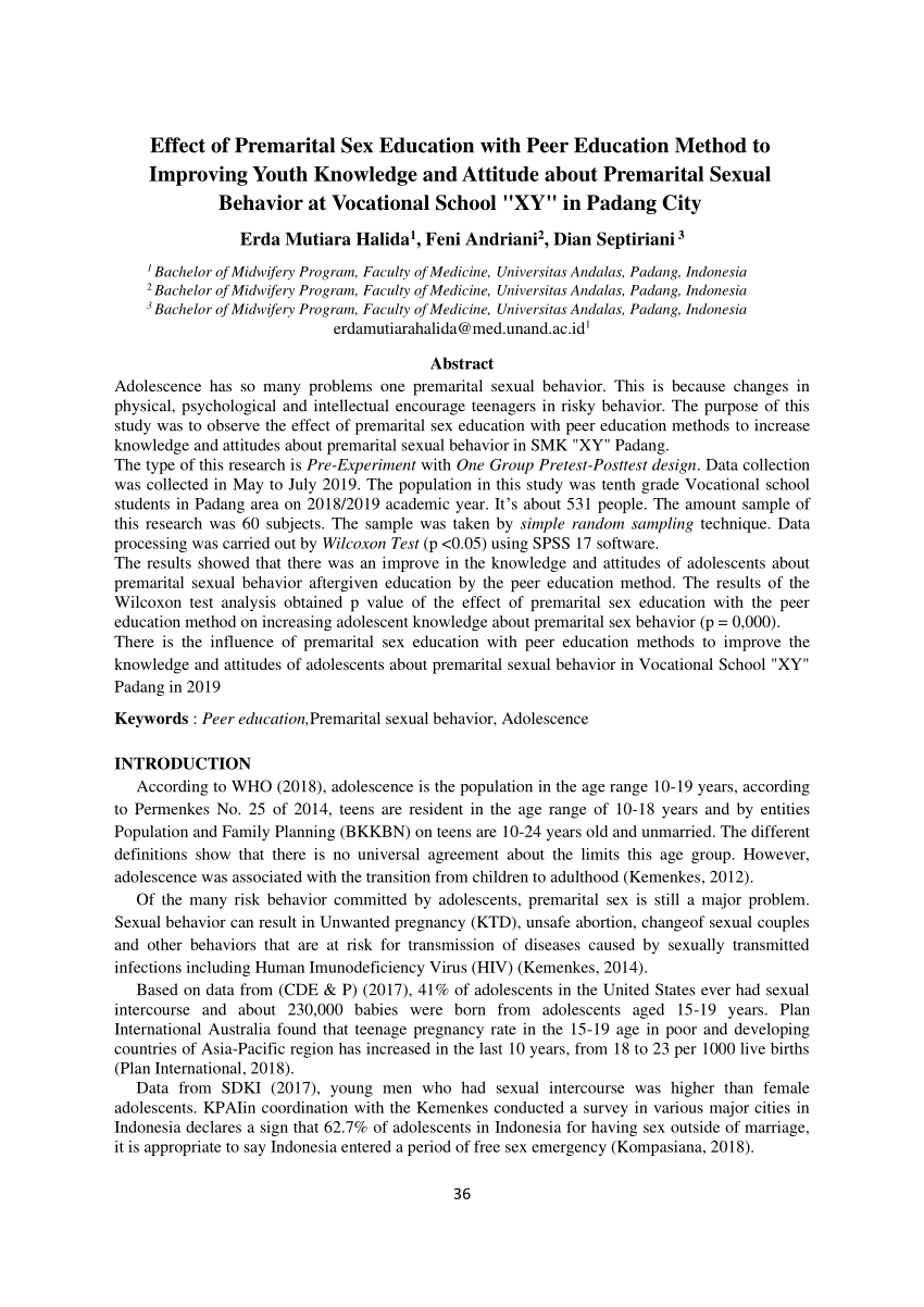 PDF) Effect of Premarital Sex Education with Peer Method to Improving Youth  Knowledge and Attitude about Premarital Sexual Behavior at Vocational  School 