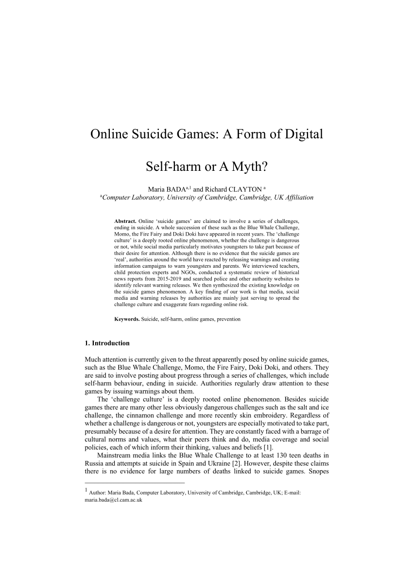 PDF) Online Suicide Games: A Form of Digital Self-harm or A Myth?