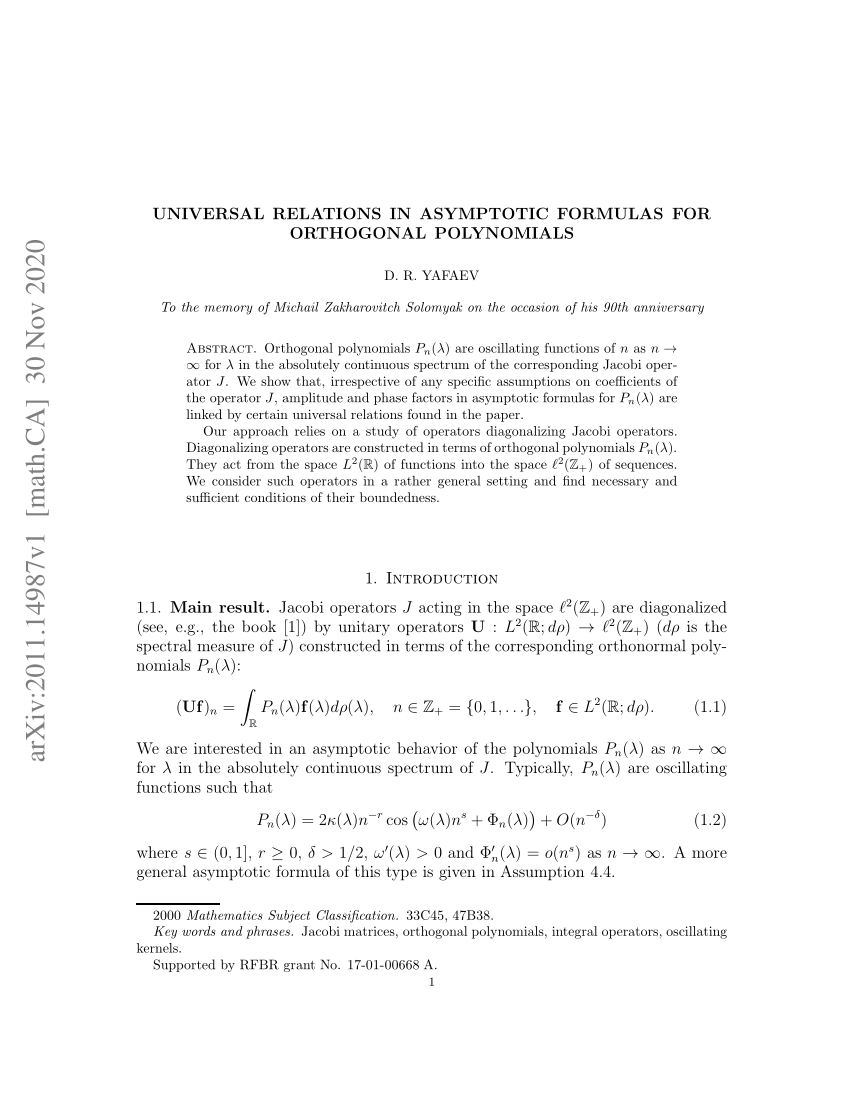 Pdf Universal Relations In Asymptotic Formulas For Orthogonal Polynomials