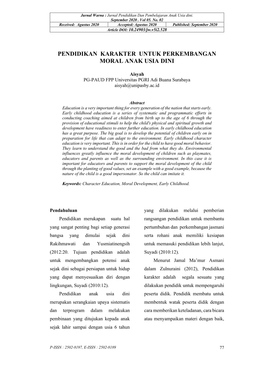 (PDF) PENDIDIKAN KARAKTER UNTUK PERKEMBANGAN MORAL ANAK USIA DINI