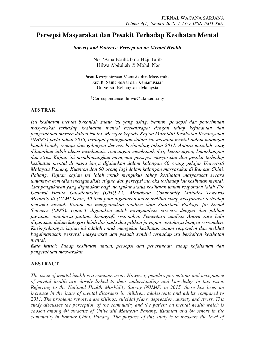 Pdf Persepsi Masyarakat Dan Pesakit Terhadap Kesihatan Mental Society And Patients Perception On Mental Health