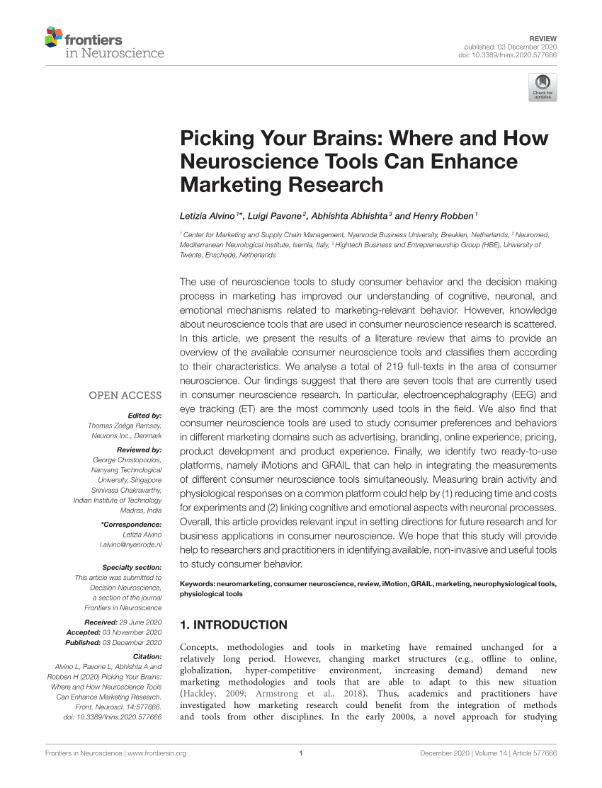 Frontiers  Picking Your Brains: Where and How Neuroscience Tools Can  Enhance Marketing Research