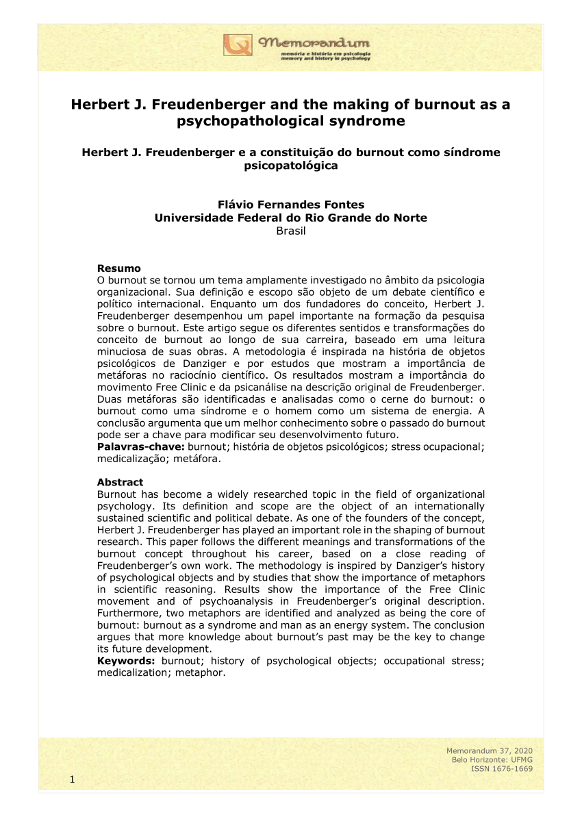 Pdf Herbert J Freudenberger And The Making Of Burnout As A Psychopathological Syndrome