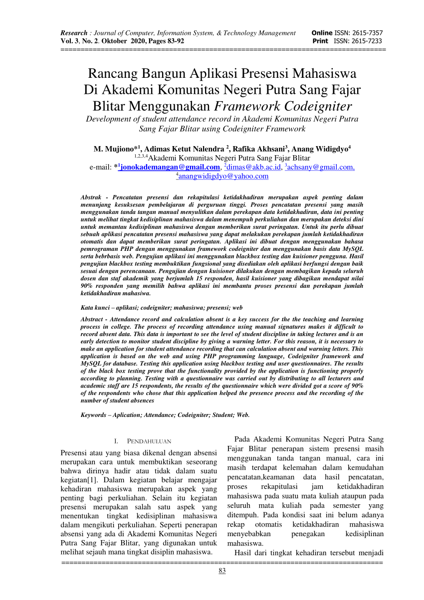 Pdf Development Of Student Attendance Record In Akademi Komunitas Negeri Putra Sang Fajar Blitar Using Codeigniter Framework