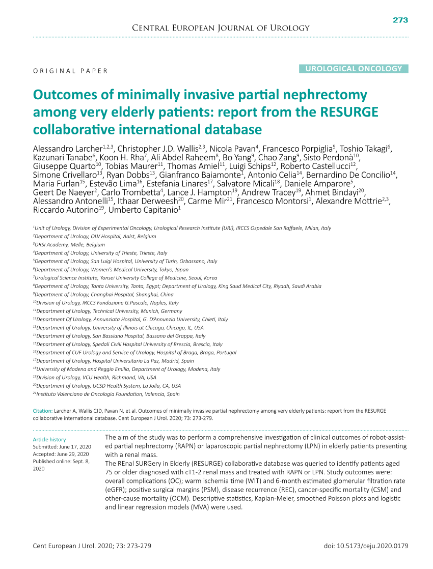 Pdf Outcomes Of Minimally Invasive Partial Nephrectomy Among Very