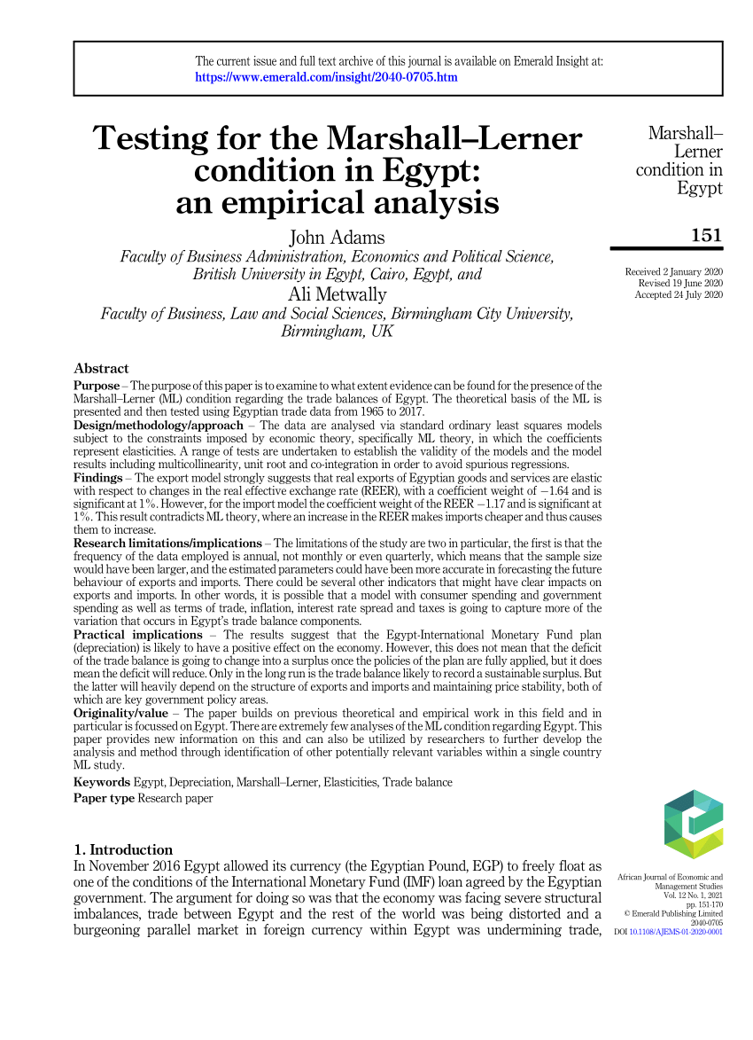 PDF) Testing for the Marshall–Lerner condition in Egypt: an empirical  analysis
