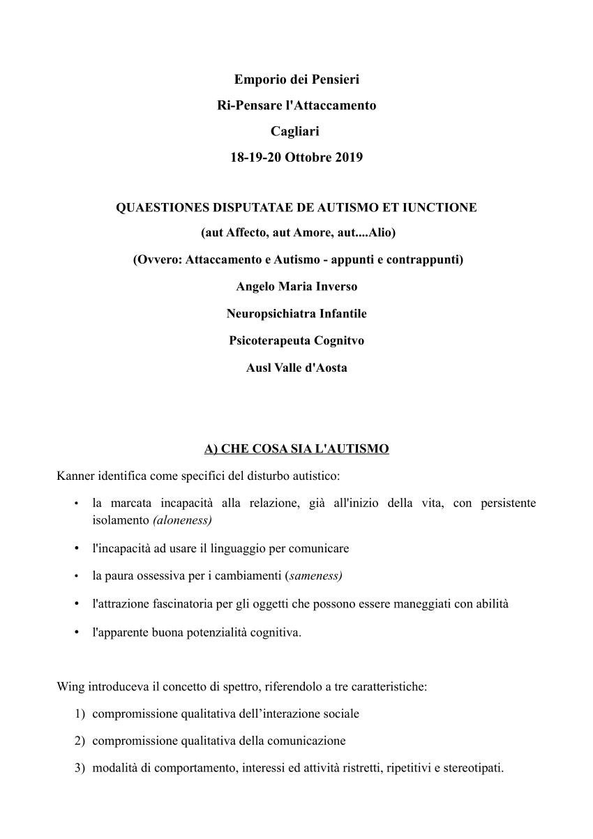 PDF) Emporio dei Pensieri Ri-Pensare l'Attaccamento Cagliari QUAESTIONES  DISPUTATAE DE AUTISMO ET IUNCTIONE (aut Affecto, aut Amore, aut.Alio)  (Ovvero: Attaccamento e Autismo -appunti e contrappunti)