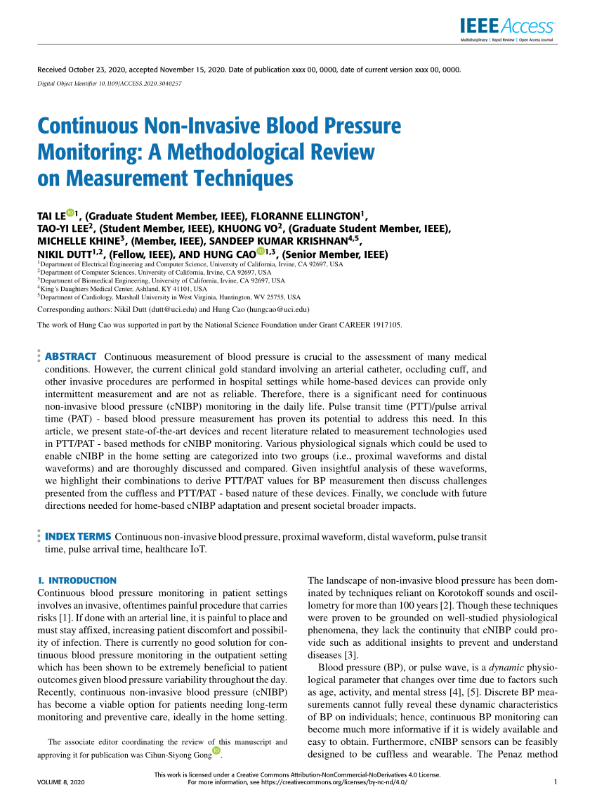 PDF] Continuous Non-Invasive Blood Pressure Monitoring: A Methodological  Review on Measurement Techniques