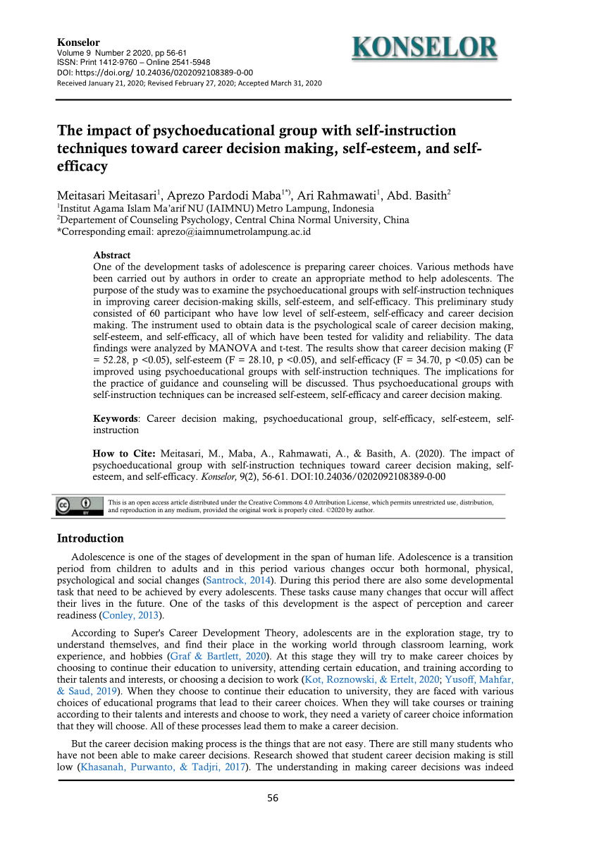 pdf the impact of psychoeducational group with self instruction techniques toward career decision making self esteem and self efficacy