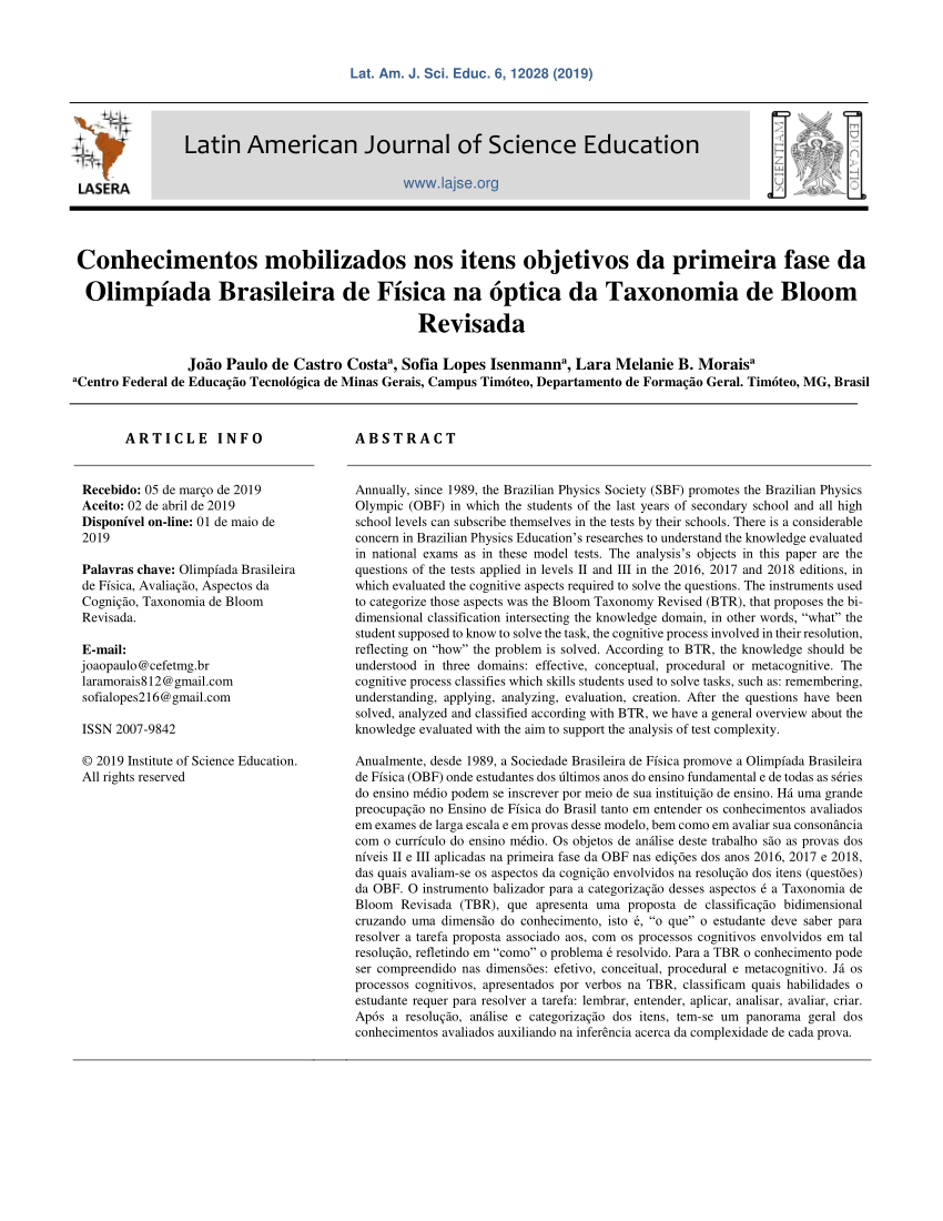 PDF) Taxonomia de Bloom Revisada e sua relação com o desempenho nos itens  de física do ENEM