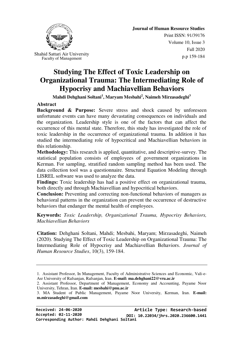 Pdf Studying The Effect Of Toxic Leadership On Organizational Trauma The Intermediating Role Of Hypocrisy And Machiavellian Behaviors