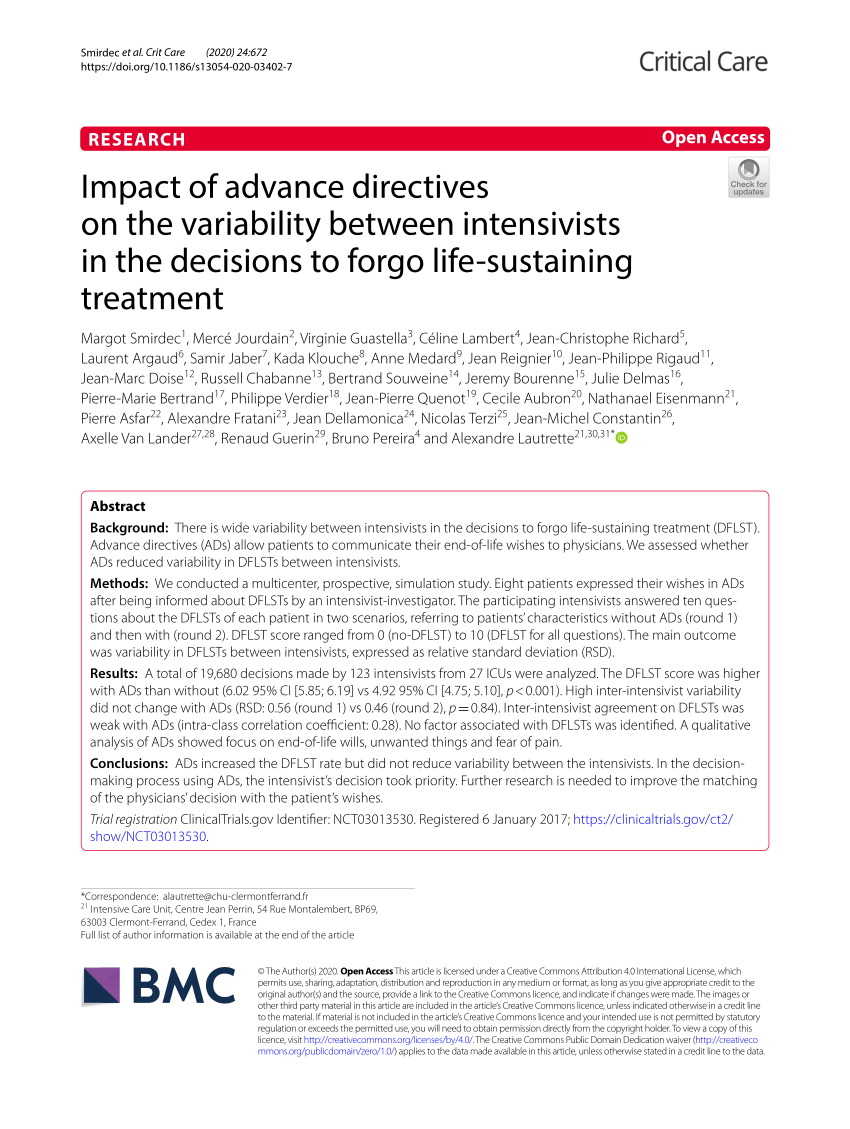 Pdf Impact Of Advance Directives On The Variability Between Intensivists In The Decisions To Forgo Life Sustaining Treatment