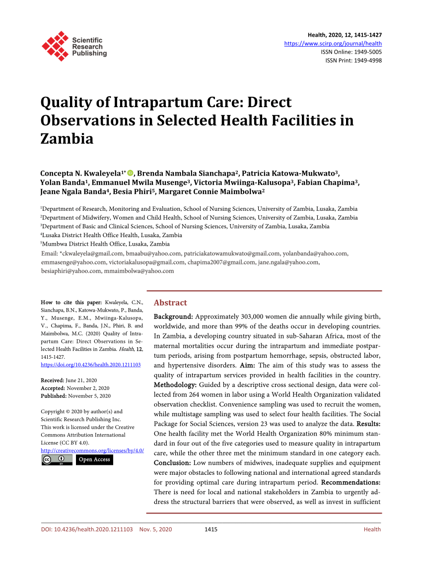 Pdf Quality Of Intrapartum Care Direct Observations In Selected Health Facilities In Zambia