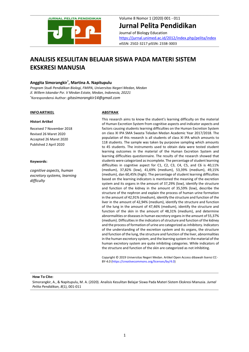 Pdf Analisis Kesulitan Belajar Siswa Pada Materi Sistem Ekskresi Manusia