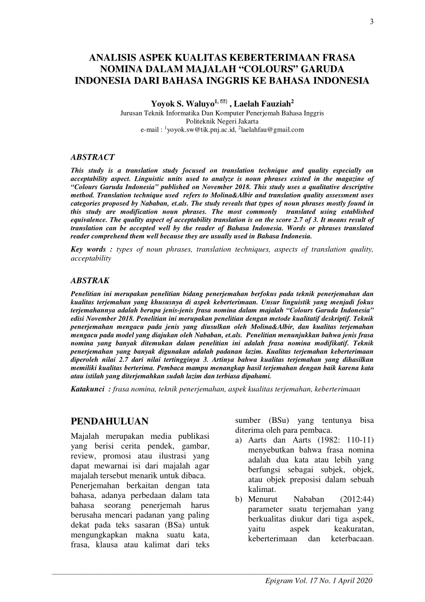 Pdf Analisis Aspek Kualitas Keberterimaan Frasa Nomina Dalam Majalah Colours Garuda Indonesia Dari Bahasa Inggris Ke Bahasa Indonesia