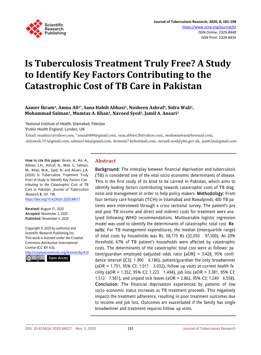 Pdf Is Tuberculosis Treatment Truly Free A Study To Identify Key Factors Contributing To The Catastrophic Cost Of Tb Care In Pakistan