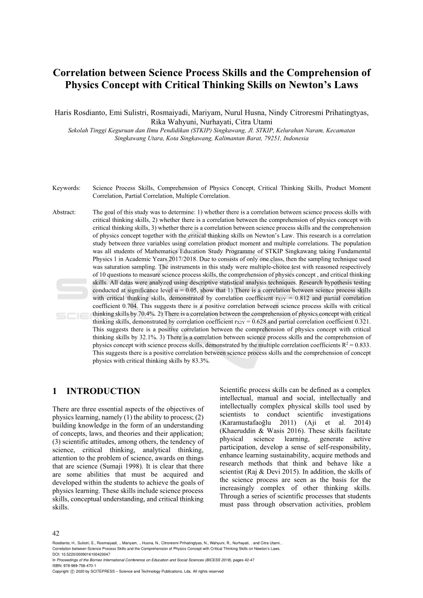 Pdf Correlation Between Science Process Skills And The Comprehension Of Physics Concept With Critical Thinking Skills On Newton S Laws