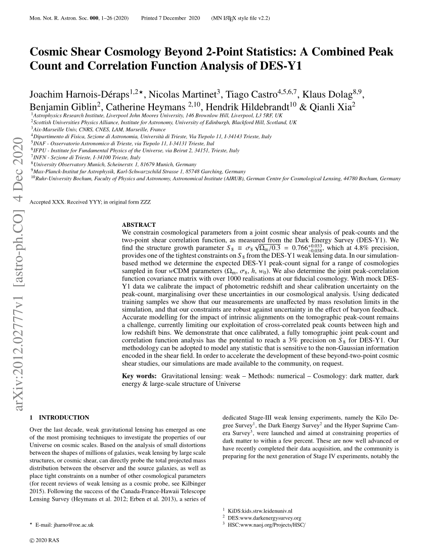 Pdf Cosmic Shear Cosmology Beyond 2 Point Statistics A Combined Peak Count And Correlation Function Analysis Of Des Y1