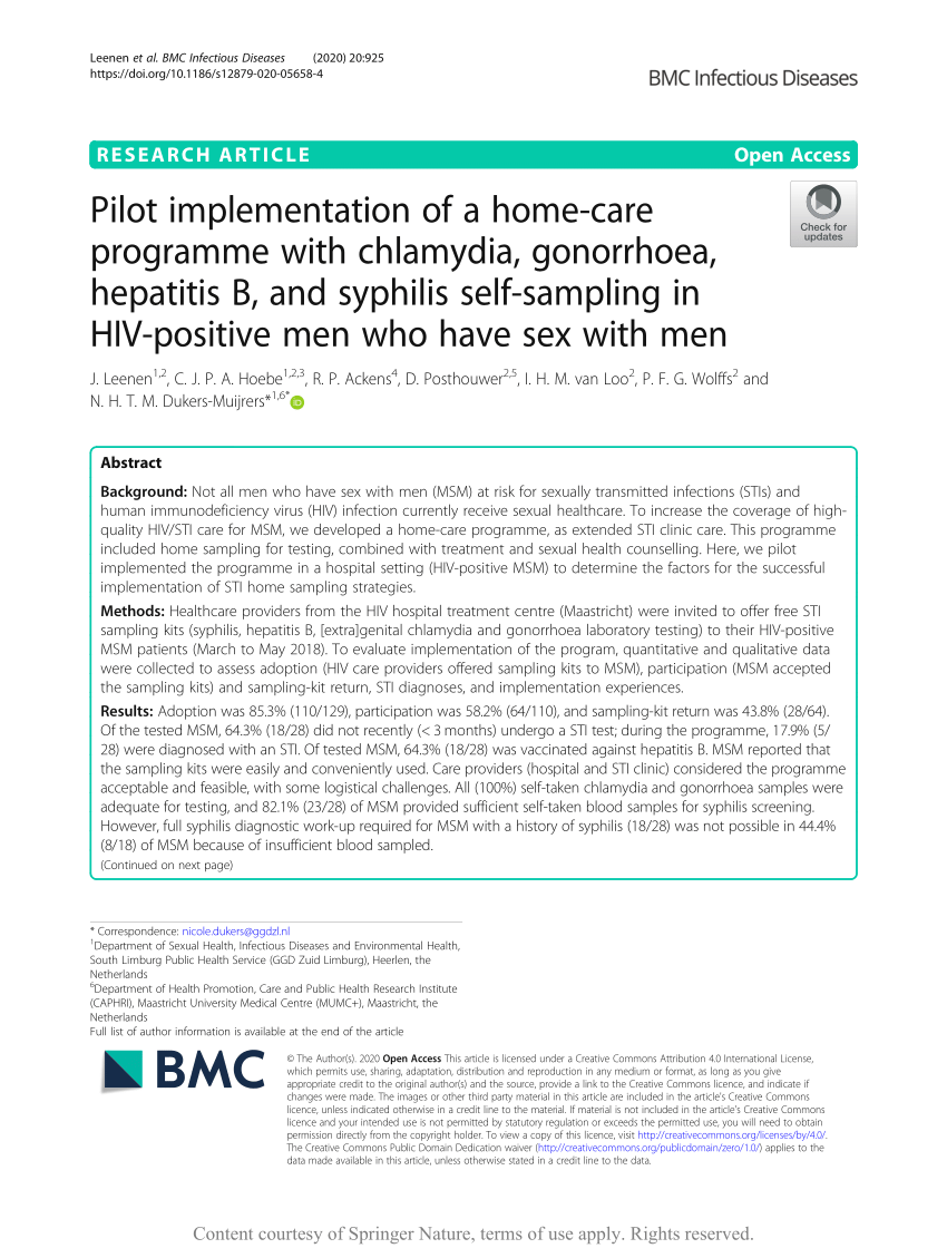 PDF) Pilot implementation of a home-care programme with chlamydia, gonorrhoea, hepatitis B, and syphilis self-sampling in HIV-positive men who have sex with