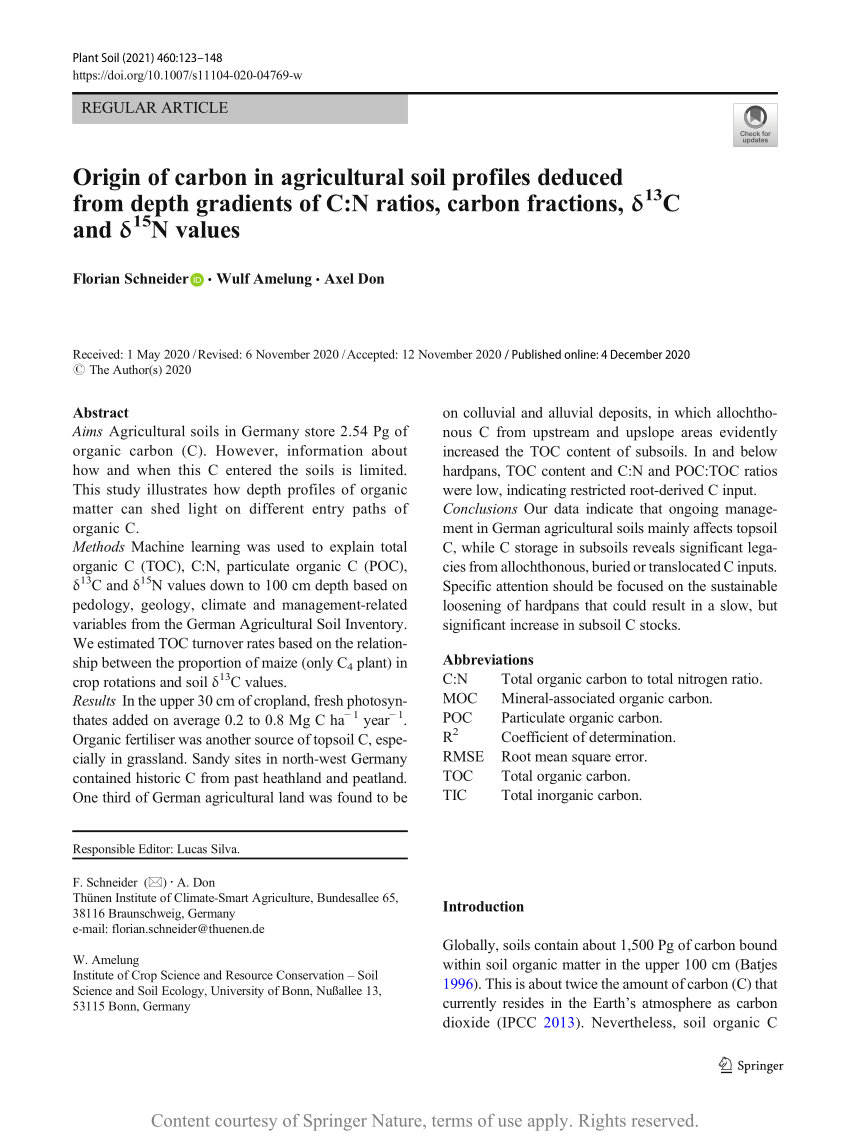 Pdf Origin Of Carbon In Agricultural Soil Profiles Deduced From Depth Gradients Of C N Ratios Carbon Fractions Dc And Dn Values