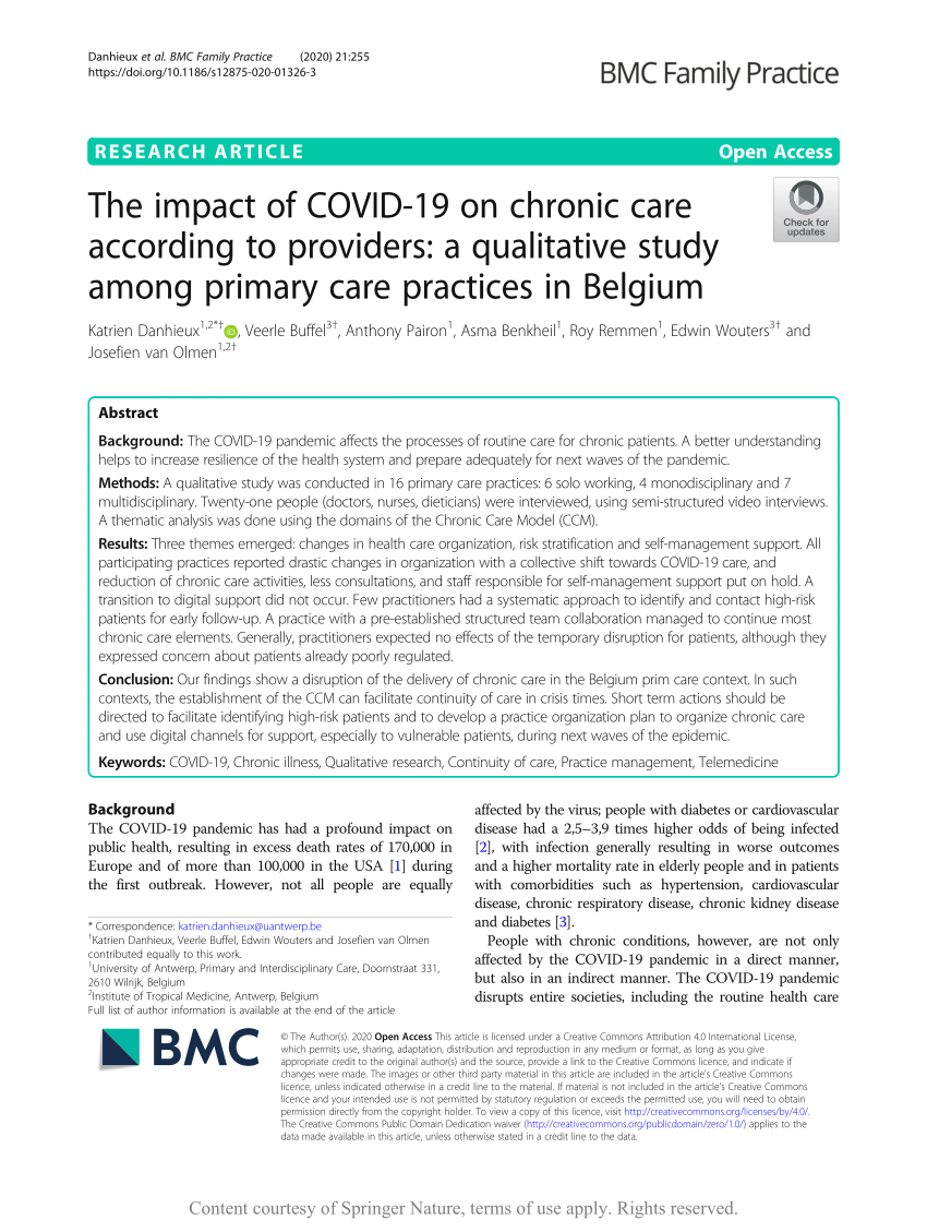 PDF) The impact of COVID-19 on chronic care according to providers: qualitative study among primary care practices Belgium