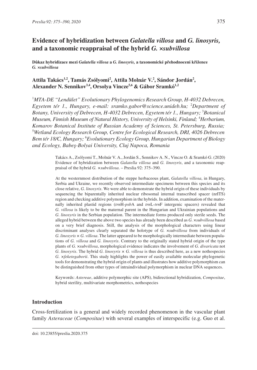 Pdf Evidence Of Hybridization Between Galatella Villosa And G Linosyris And A Taxonomic Reappraisal Of The Hybrid G Subvillosa