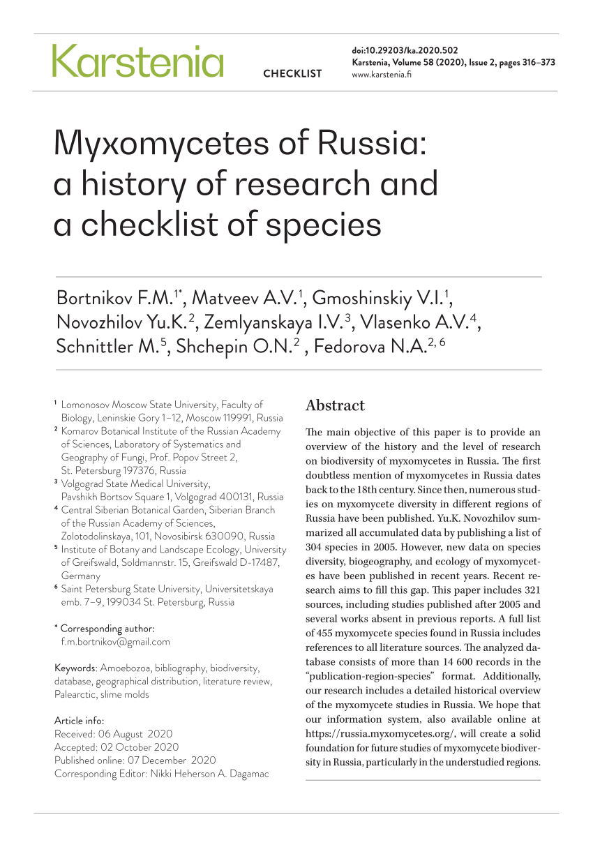 Pdf Myxomycetes Of Russia A History Of Research And A Checklist Of Species