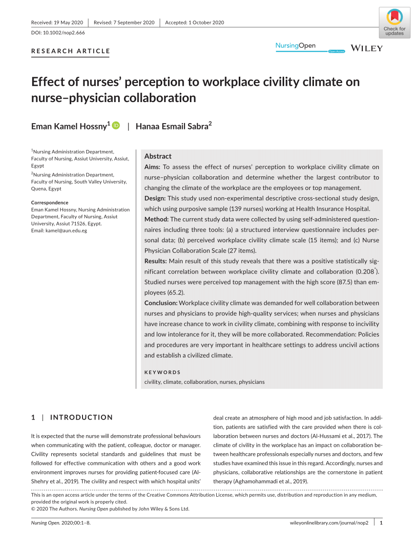 PDF) Effect of nurses' perception to workplace civility climate on  nurse–physician collaboration