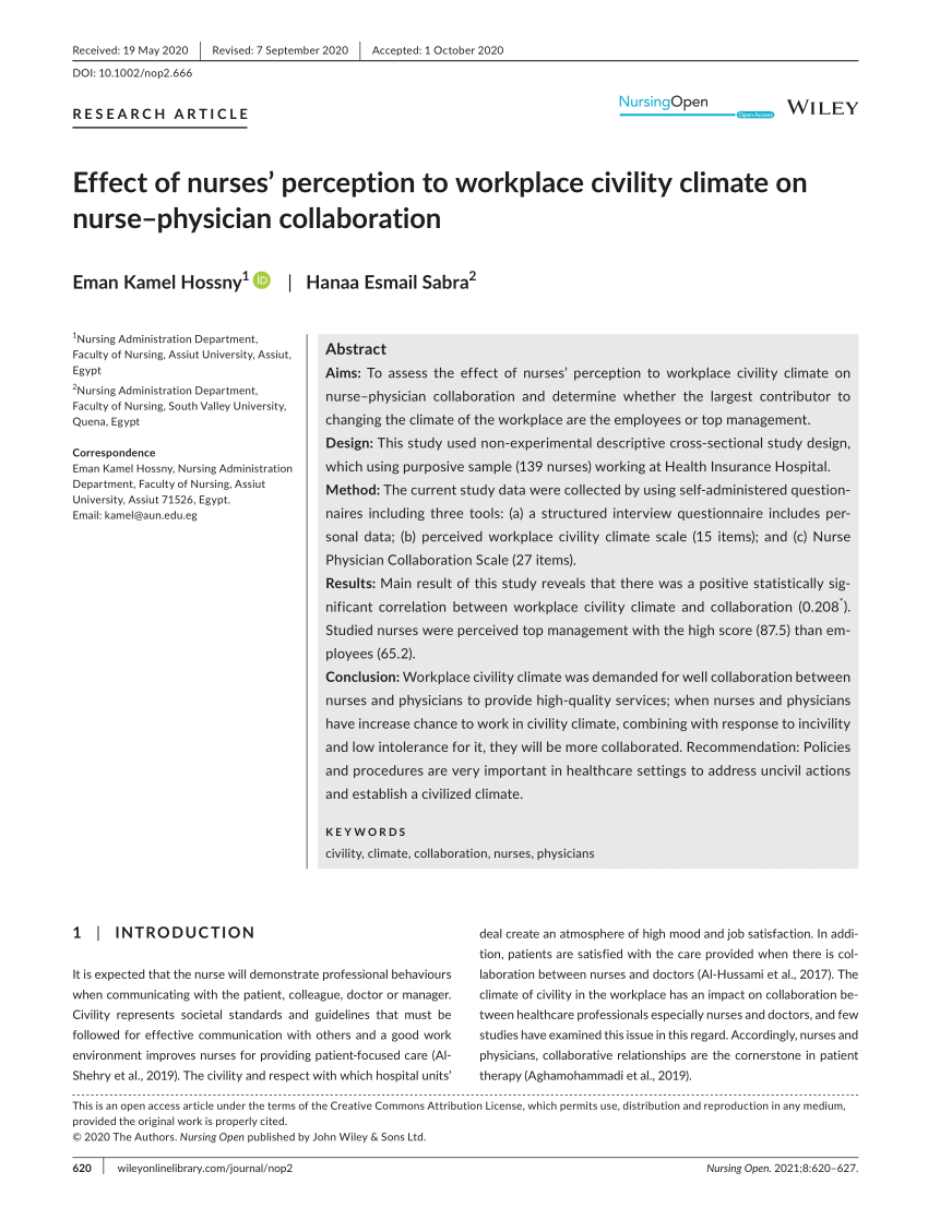 PDF) Effect of nurses' perception to workplace civility climate on  nurse–physician collaboration