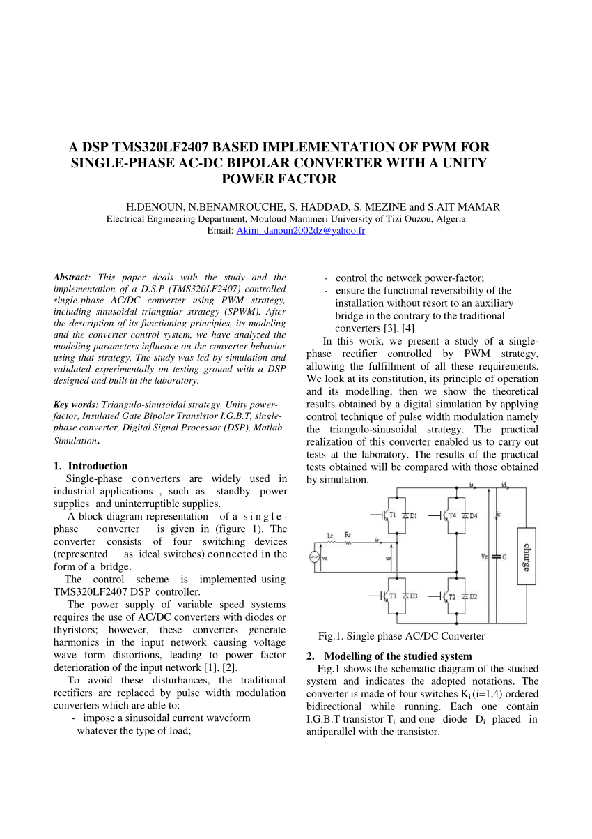 Pdf A Dsp Tms3lf2407 Based Implementation Of Pwm For Single Phase Ac Dc Bipolar Converter With A Unity Power Factor