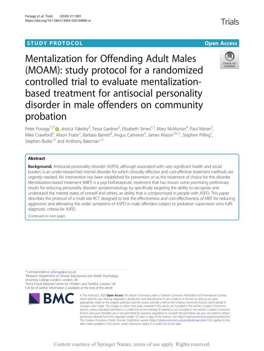 modtage Humoristisk pensionist PDF) Mentalization for Offending Adult Males (MOAM): study protocol for a  randomized controlled trial to evaluate mentalization-based treatment for  antisocial personality disorder in male offenders on community probation