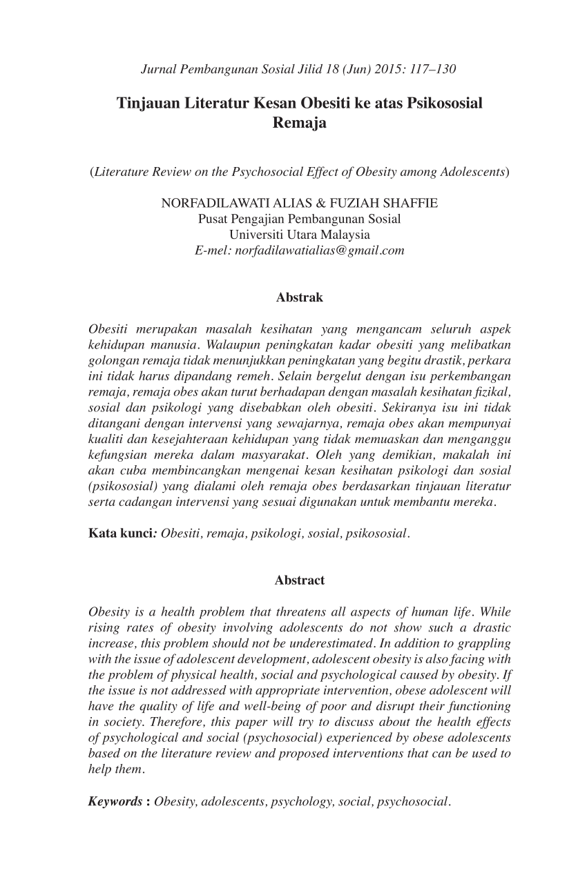 Pdf Tinjauan Literatur Kesan Obesiti Ke Atas Psikososial Remaja