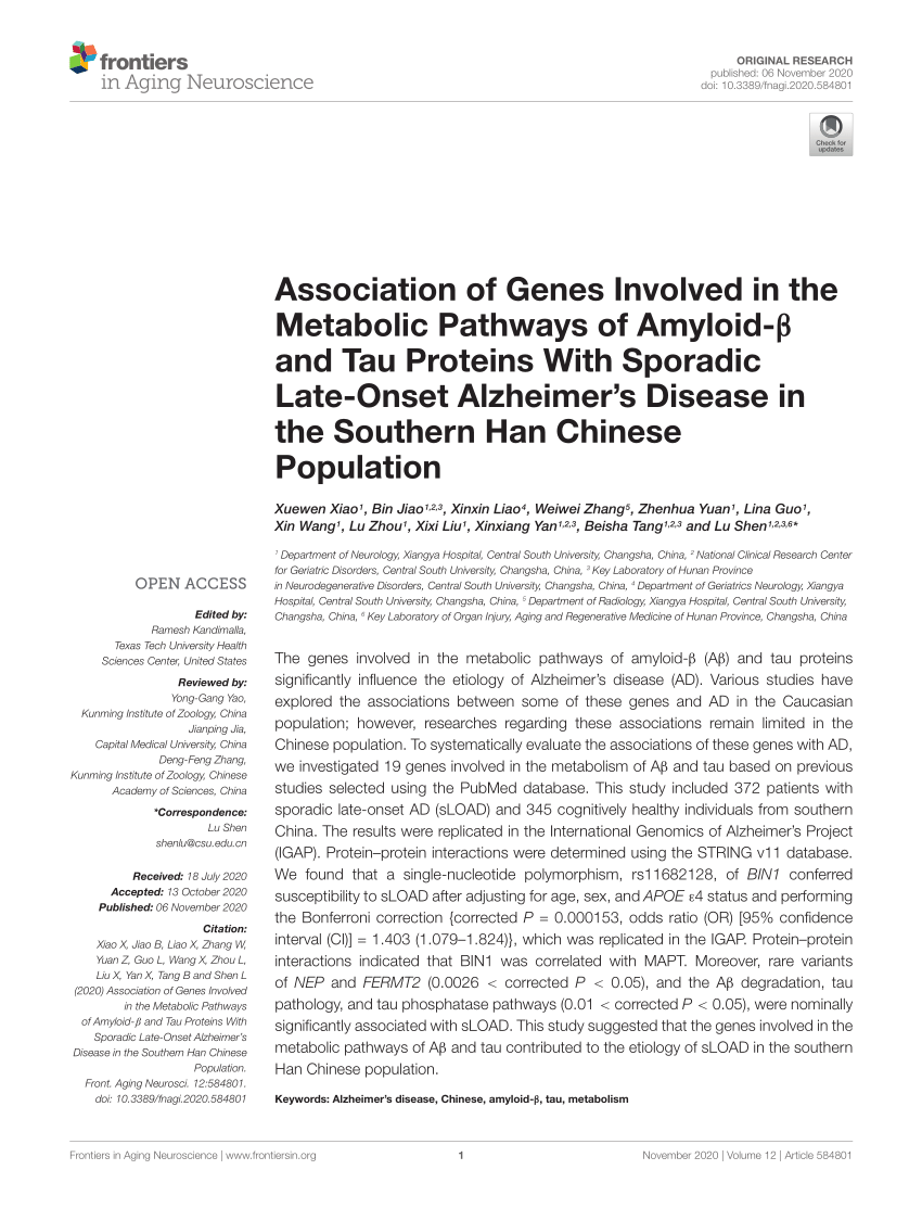 Pdf Association Of Genes Involved In The Metabolic Pathways Of Amyloid B And Tau Proteins With Sporadic Late Onset Alzheimer S Disease In The Southern Han Chinese Population