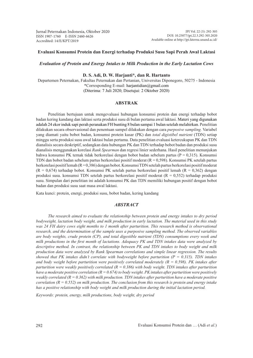 (PDF) Evaluasi Konsumsi Protein dan Energi terhadap Produksi Susu Sapi