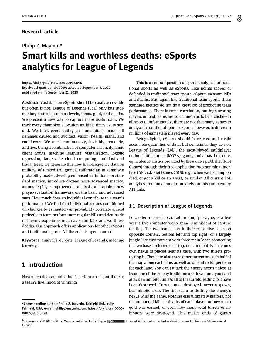 PDF) Smart kills and worthless deaths eSports analytics for League of Legends