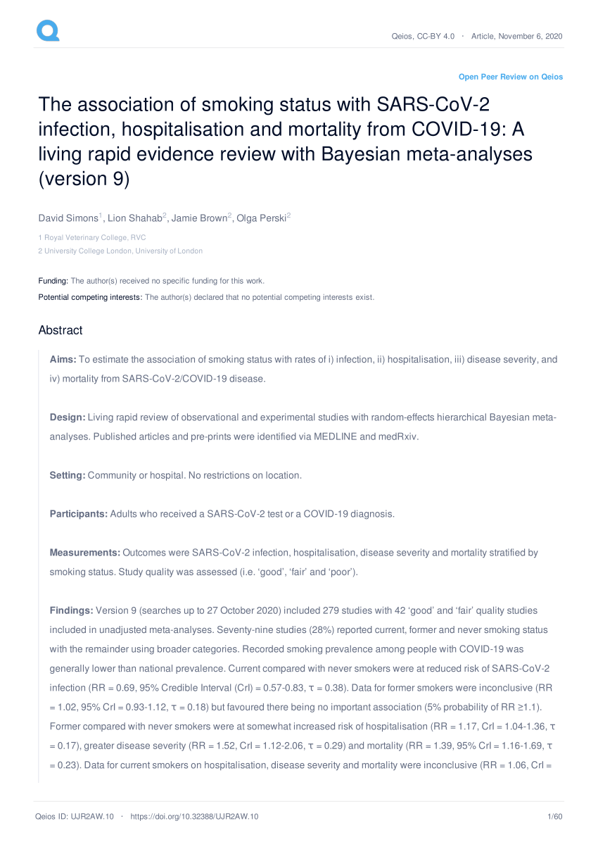 The association of smoking status with SARS-CoV-2 infection,  hospitalisation and mortality from COVID-19: A living rapid evidence review  with Bayesian meta-analyses (version 12) - Article (Preprint v15) by David  Simons et al.