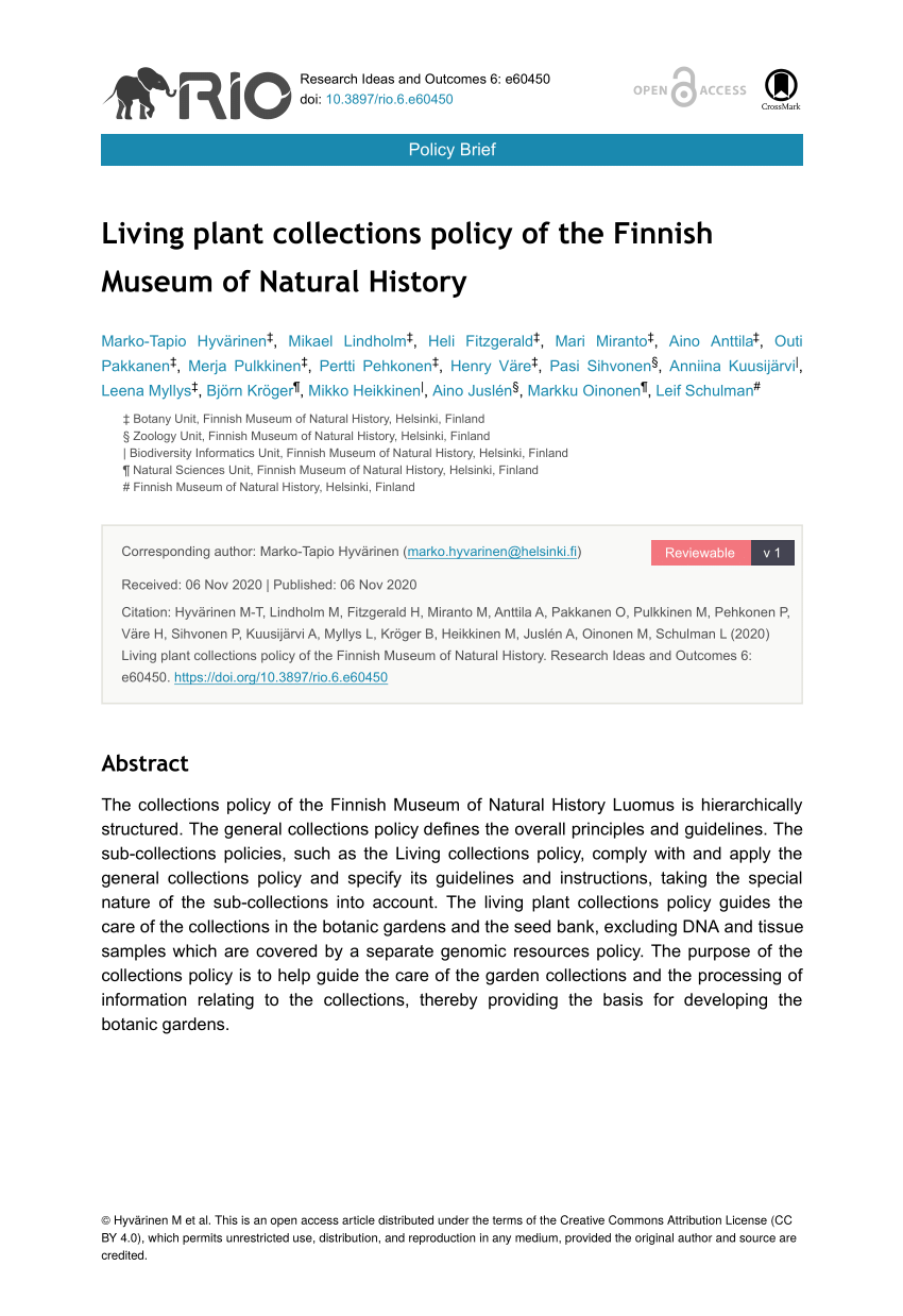 PDF) Living plant collections policy of the Finnish Museum of Natural  History