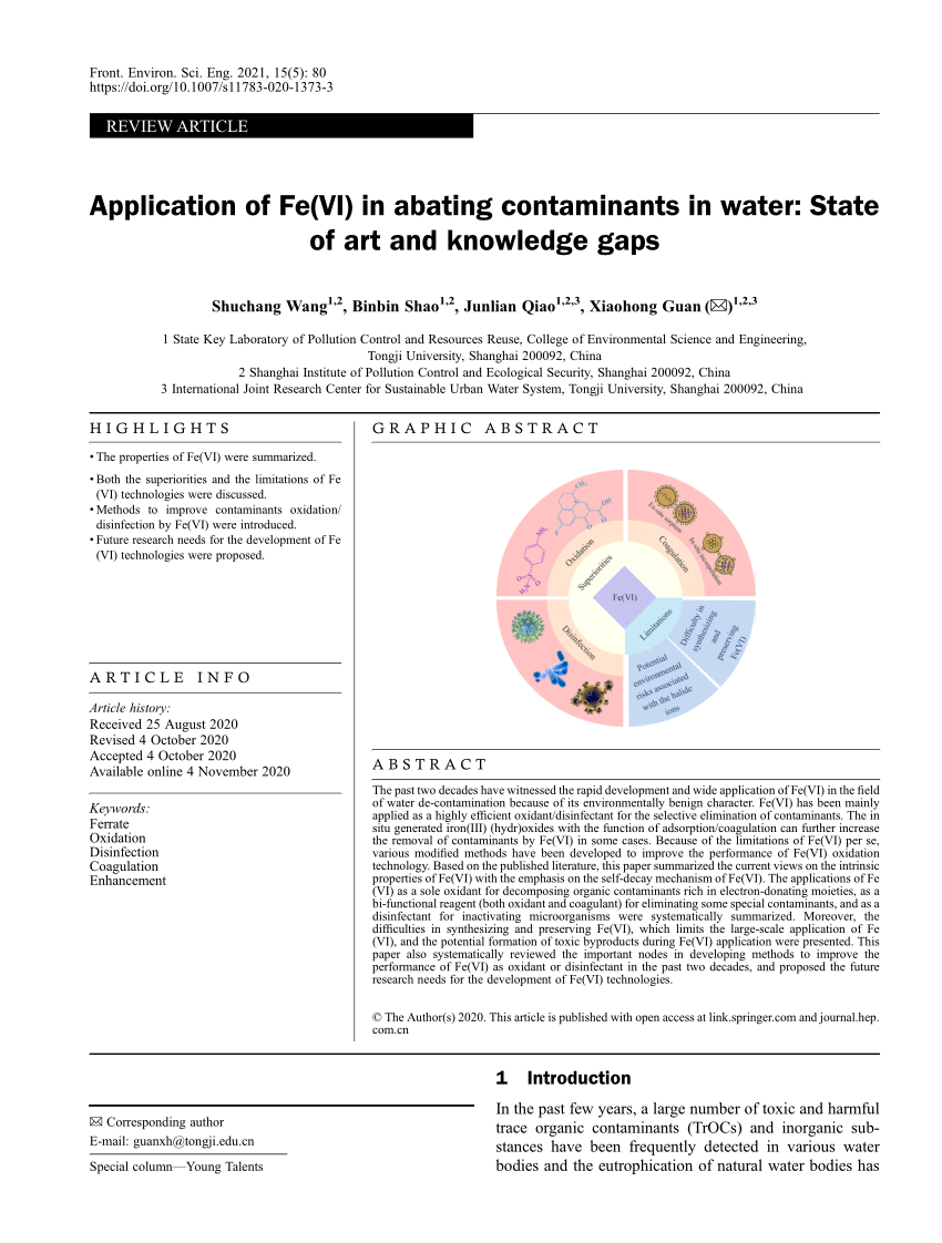 PDF) Application of Fe(VI) in abating contaminants in water: State 