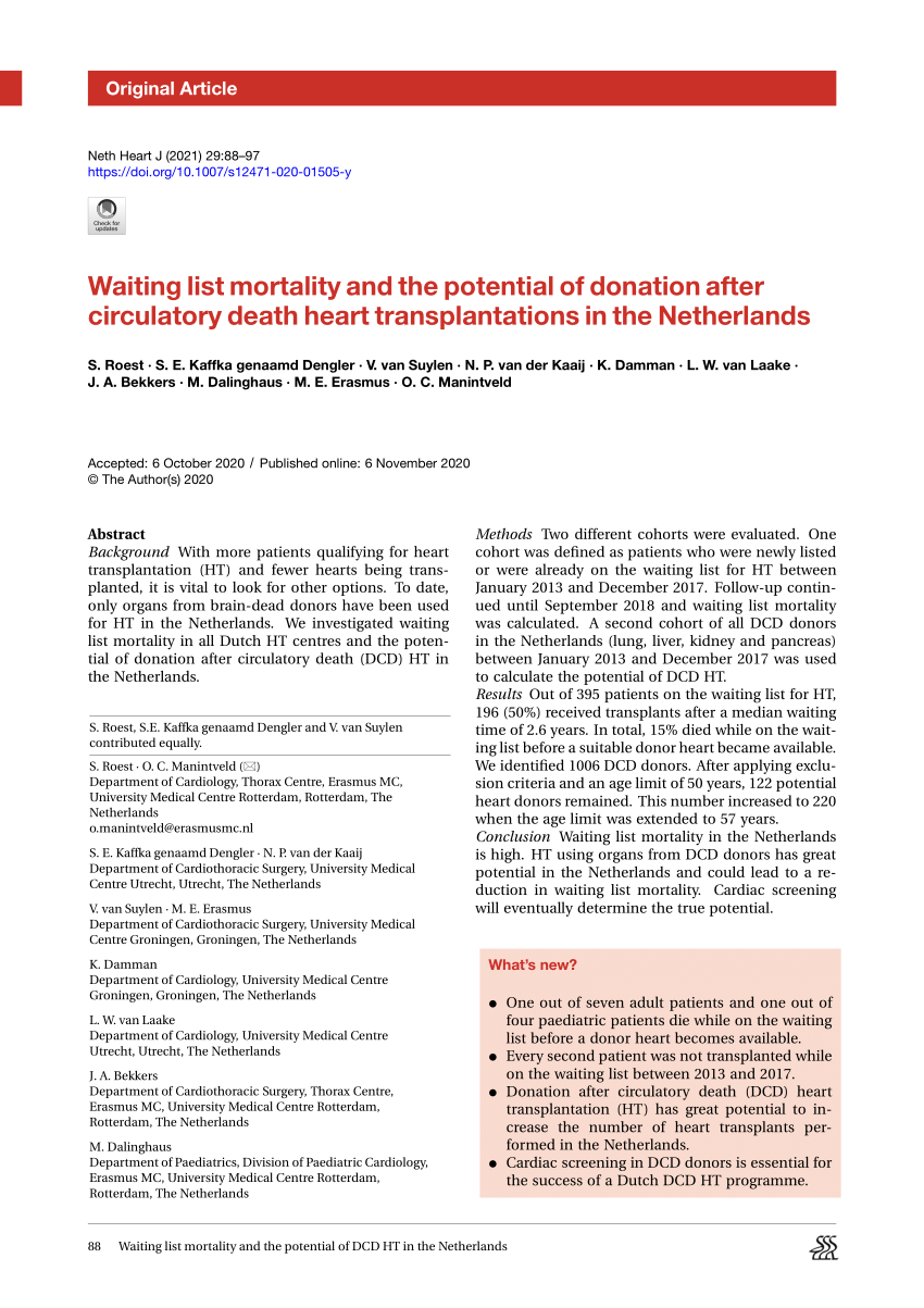 Pdf Waiting List Mortality And The Potential Of Donation After Circulatory Death Heart Transplantations In The Netherlands