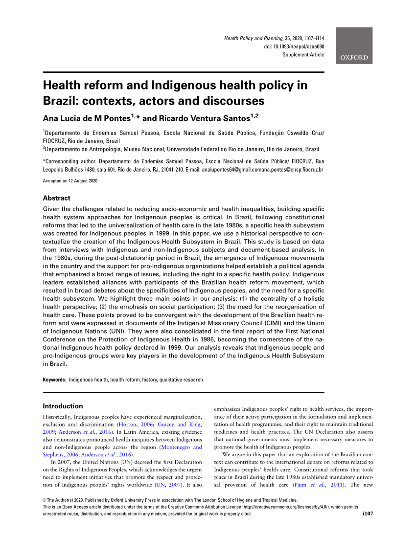 PDF) Health reform and Indigenous health policy in Brazil: contexts, actors  and discourses