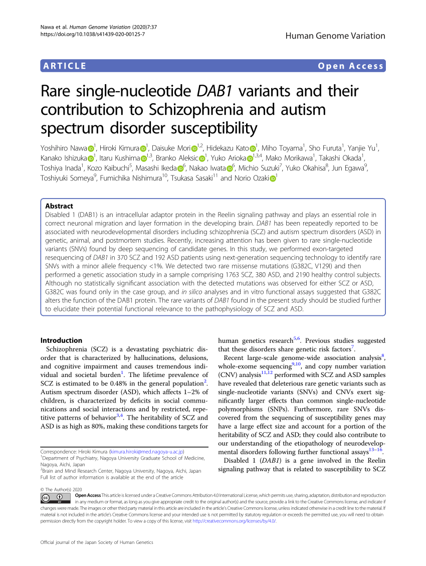 Pdf Rare Single Nucleotide Dab1 Variants And Their Contribution To Schizophrenia And Autism 8538