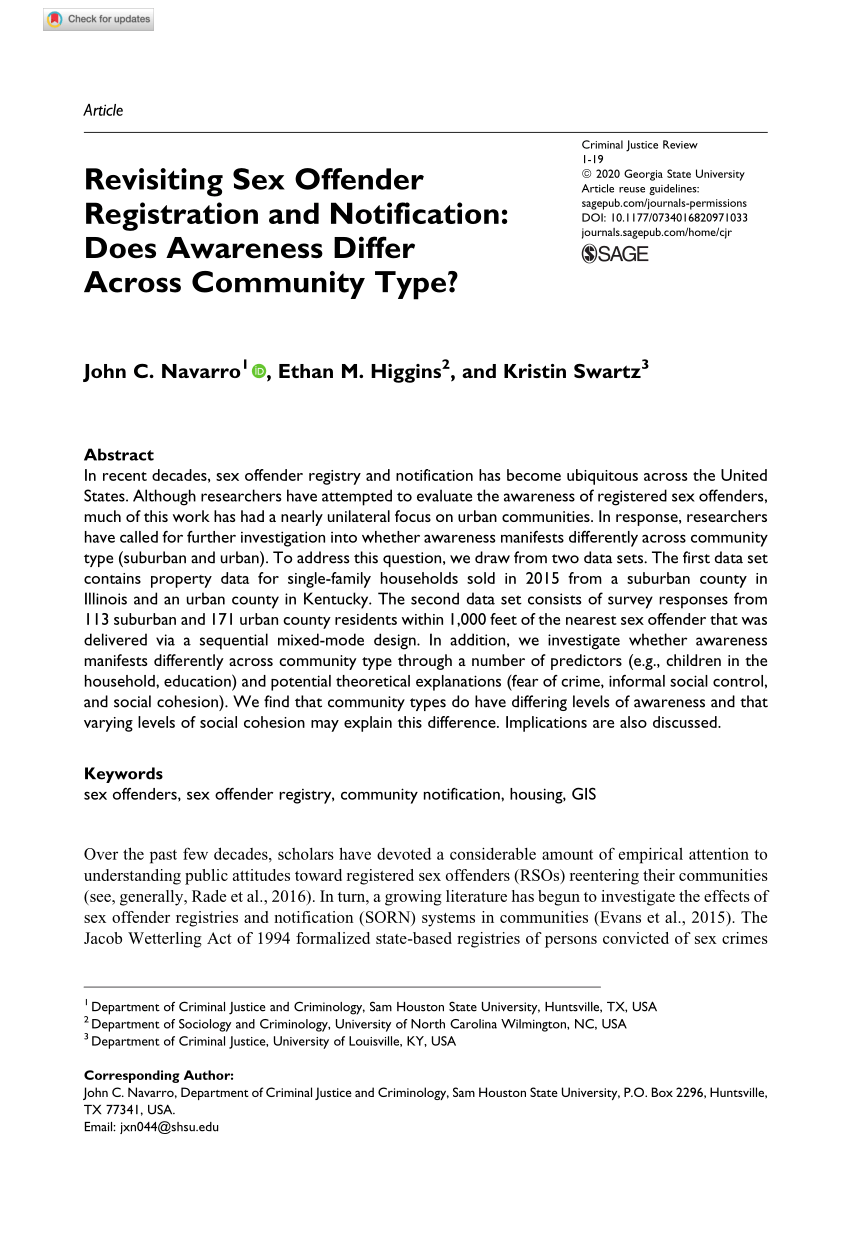 PDF) Revisiting Sex Offender Registration and Notification: Does Awareness  Differ Across Community Type?