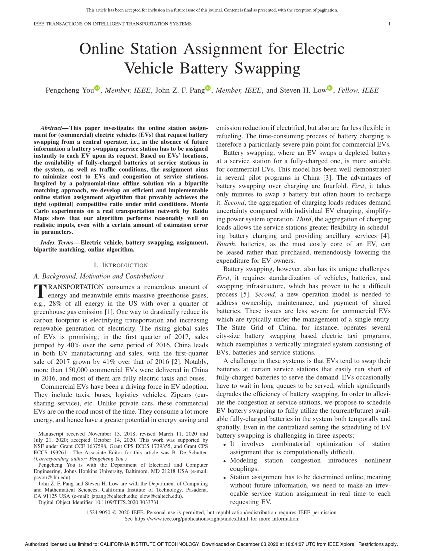 (PDF) Online Station Assignment for Electric Vehicle Battery Swapping