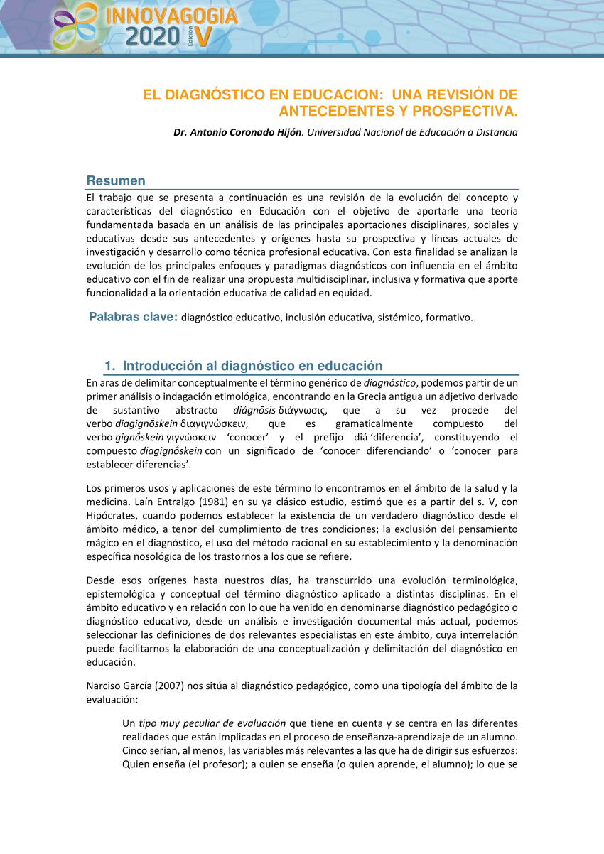 PDF) EL DIAGNÓSTICO EN EDUCACION: UNA REVISIÓN DE ANTECEDENTES Y PROSPECTIVA