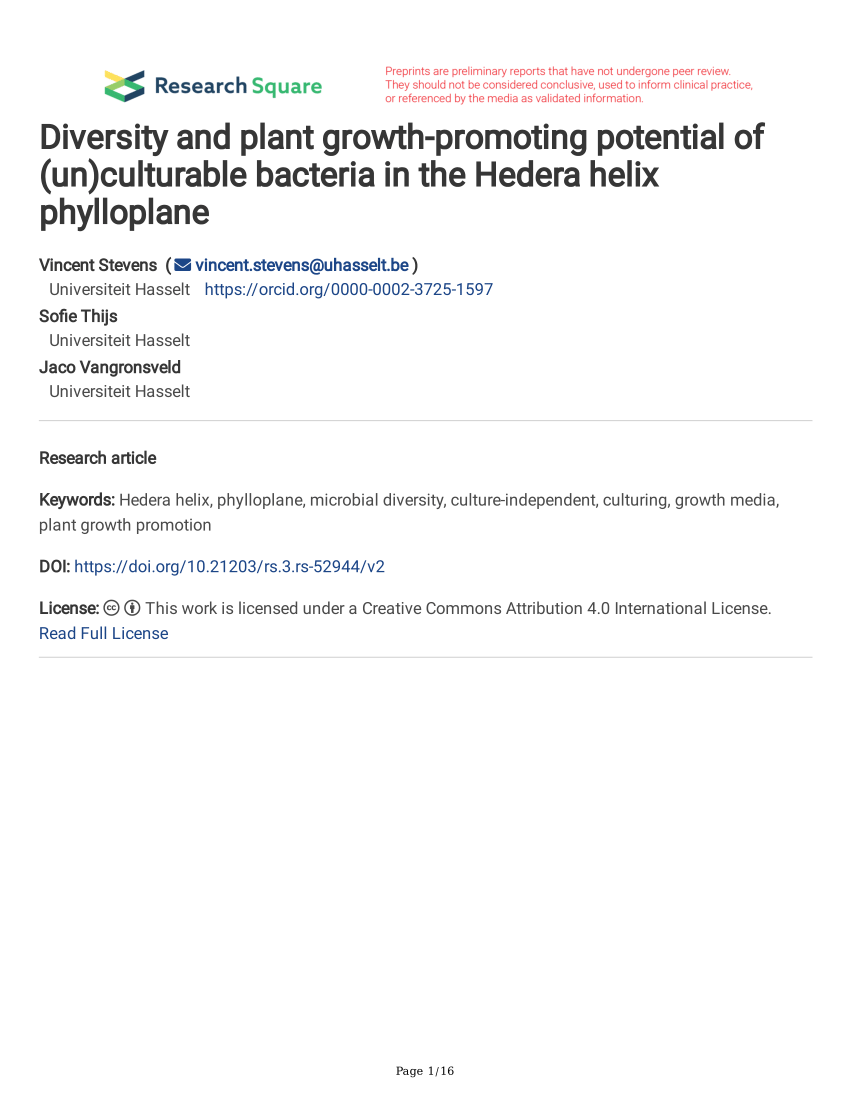 Pdf Diversity And Plant Growth Promoting Potential Of Unculturable Bacteria In The Hedera 9732