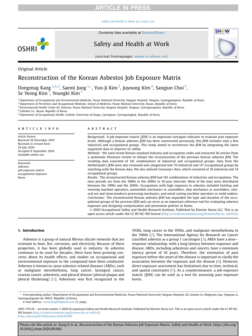 Job Exposure Matrix Based On The Korean Occupational Safety And Health Download Table