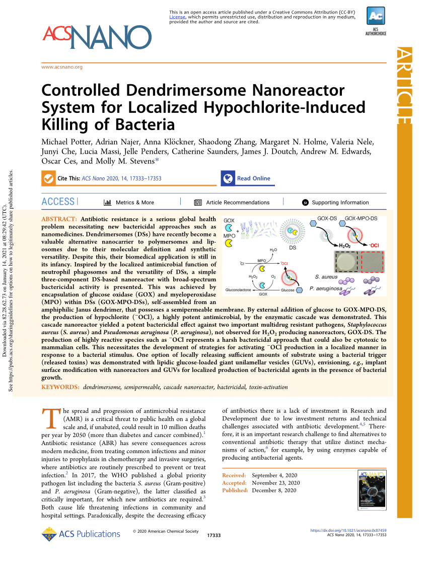 Pdf Controlled Dendrimersome Nanoreactor System For Localized Hypochlorite Induced Killing Of Bacteria