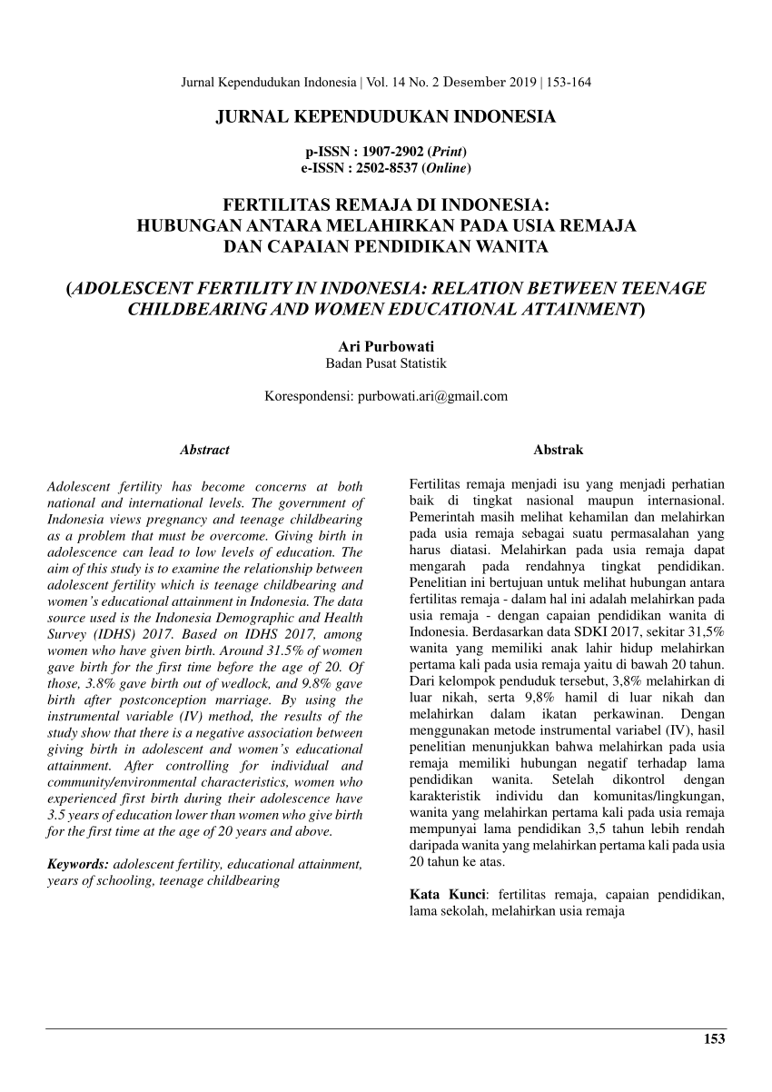 Pdf Fertilitas Remaja Di Indonesia Hubungan Antara Melahirkan Pada Usia Remaja Dan Capaian Pendidikan Wanita