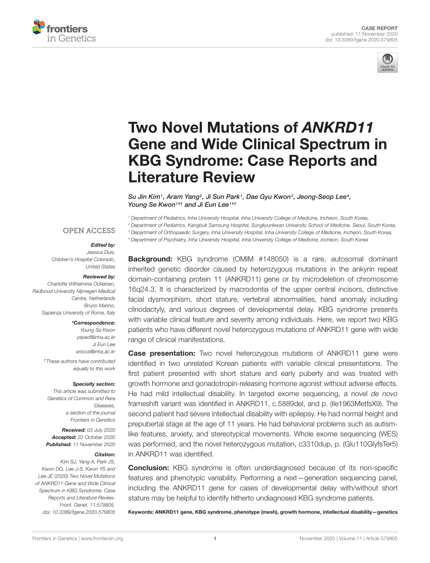 Pdf Two Novel Mutations Of Ankrd11 Gene And Wide Clinical Spectrum In Kbg Syndrome Case 