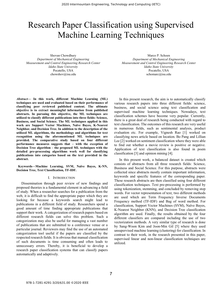 machine learning technique research paper